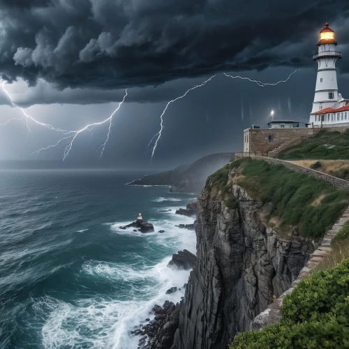 electric lighthouse,light house,point lighthouse torch,lighthouse,petit minou lighthouse,nature's wrath,south stack,natural phenomenon,lightning storm,thunderstorm,cape byron lighthouse,sea storm,port elizabeth,red lighthouse,light station,force of nature,landscape photography,storm,the storm of the invasion,crisp point lighthouse,Photography,General,Realistic