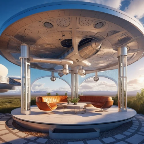 ufo interior,sky space concept,futuristic landscape,sky apartment,futuristic architecture,musical dome,teacups,flying saucer,saucer,roof domes,ufo,airships,futuristic art museum,bee-dome,roof landscape,3d render,solar cell base,3d rendering,helipad,roof terrace,Photography,General,Realistic