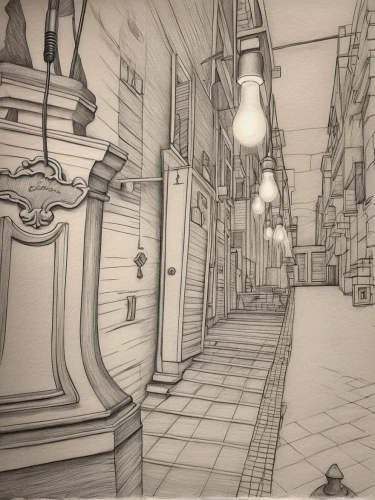 backgrounds,store fronts,3d rendering,hallway,game drawing,narrow street,watercolor shops,concept art,3d rendered,apothecary,alleyway,old linden alley,townscape,corridor,hallway space,ice cream parlor,train station passage,progresses,rooms,alley,Design Sketch,Design Sketch,Pencil