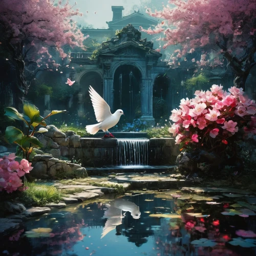 wishing well,violet evergarden,bird kingdom,芦ﾉ湖,fairy world,springtime background,spring background,lily pond,butterfly background,water-the sword lily,garden pond,water palace,japanese sakura background,flower and bird illustration,fantasy picture,world digital painting,fantasy landscape,blue birds and blossom,magnolia,idyll,Photography,General,Fantasy