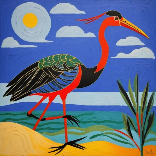 coastal bird,pacific heron,bird painting,scarlet ibis,shorebird,tropical bird,wading bird,great heron,khokhloma painting,sea bird,pied heron,gray heron,great blue heron,an ornamental bird,tropical birds,migratory bird,aquatic bird,waterbird,sea birds,black-billed stork,Art,Artistic Painting,Artistic Painting 05