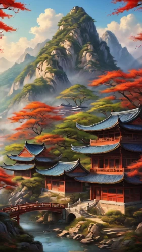 landscape background,oriental painting,yunnan,mountain landscape,mountainous landscape,fantasy landscape,mountain scene,chinese background,chinese art,world digital painting,chinese temple,japan landscape,mountain settlement,oriental,chinese clouds,roof landscape,guizhou,south korea,hwachae,hall of supreme harmony,Photography,General,Natural