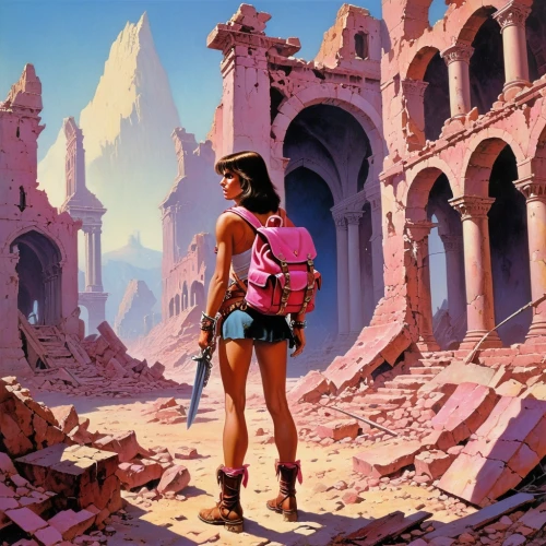pink city,wonder woman city,ruin,destroyed city,post apocalyptic,girl with gun,girl with a gun,valerian,ruins,wasteland,gunkanjima,post-apocalypse,demolition,sci fiction illustration,pink dawn,citadel,lost in war,the ruins of the,stalingrad,post-apocalyptic landscape,Conceptual Art,Sci-Fi,Sci-Fi 19