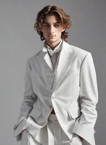 frock coat,male model,white coat,men's suit,imperial coat,white-collar worker,overcoat,white silk,wedding suit,white clothing,bolero jacket,men's wear,a wax dummy,menswear,dress shirt,shoulder pads,men clothes,suit of the snow maiden,suit of spades,aristocrat,Photography,Realistic