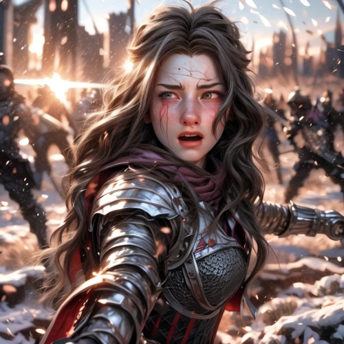 female warrior,warrior woman,swordswoman,heroic fantasy,huntress,joan of arc,fantasy portrait,game illustration,assault,cg artwork,red,game art,fantasy warrior,fantasy art,warrior,renegade,sci fiction illustration,gara,mara,della