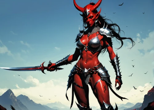 darth talon,huntress,female warrior,scarlet witch,swordswoman,warrior woman,dark elf,heroic fantasy,red chief,alien warrior,fantasy warrior,devil's walkingstick,katana,spawn,fantasy woman,devil,scythe,red super hero,evil woman,oryx,Conceptual Art,Fantasy,Fantasy 06