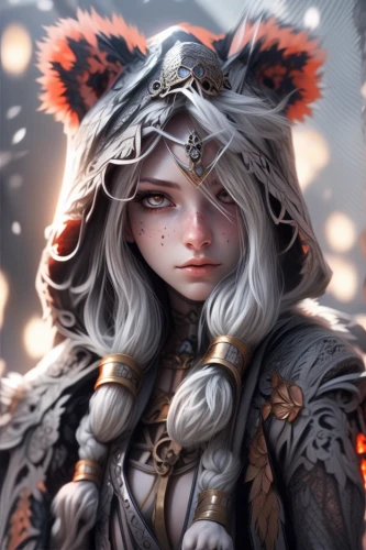 female warrior,fantasy portrait,huntress,mara,fox,fantasy art,kitsune,child fox,artemisia,warrior woman,eskimo,fairy tale character,little fox,fantasy warrior,cat warrior,suit of the snow maiden,artemis,pagan,cute fox,white fur hat