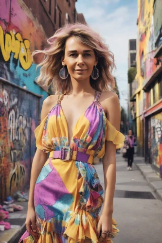 bjork,city trans,a girl in a dress,shoreditch,girl in a long dress,fashion street,woman walking,fitzroy,girl in a historic way,colorful,graffiti,laneway,neon body painting,digital compositing,bodypainting,havana brown,colorful city,on the street,bodypaint,girl walking away,Photography,Commercial