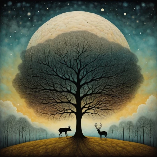 deer illustration,hanging moon,birch tree illustration,lone tree,forest animals,isolated tree,moonlit night,moon and star background,deers,young-deer,moon phase,lunar landscape,argan tree,forest tree,lunar phases,spring equinox,tree thoughtless,moon night,moon and star,deer,Illustration,Abstract Fantasy,Abstract Fantasy 19