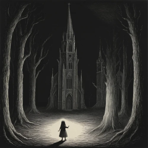 haunted cathedral,dark gothic mood,pilgrimage,the black church,pall-bearer,gothic church,hall of the fallen,gothic,spire,gothic portrait,pilgrim,cathedral,sepulchre,black church,ghost castle,haunted castle,gothic architecture,gothic woman,lamplighter,hollow way,Illustration,Black and White,Black and White 23