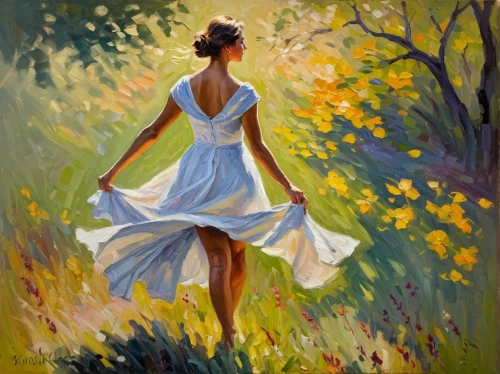 woman walking,girl walking away,girl in a long dress,oil painting,oil painting on canvas,girl in a long dress from the back,ballerina in the woods,girl in the garden,fabric painting,female runner,art painting,girl with tree,a girl in a dress,girl in a long,carol m highsmith,girl picking flowers,girl in white dress,dance with canvases,painting technique,girl in flowers