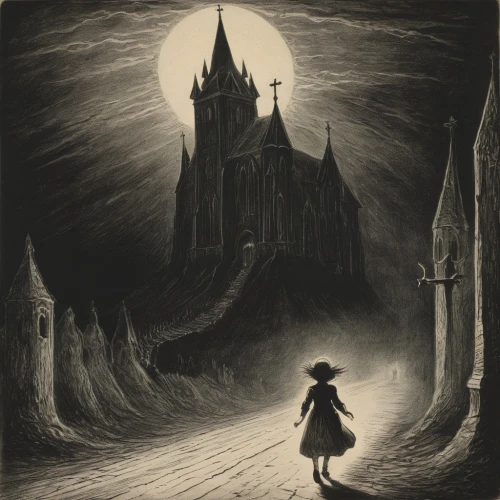 ghost castle,haunted cathedral,haunted castle,dark gothic mood,gothic,hamelin,hogwarts,gothic style,gothic woman,witch house,gothic architecture,black city,bram stoker,dark art,castle of the corvin,gothic portrait,witch's house,children's fairy tale,hollow way,the haunted house,Illustration,Black and White,Black and White 23