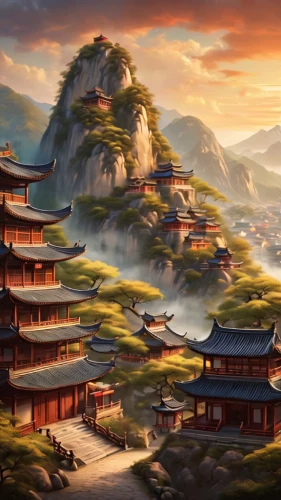 fantasy landscape,chinese background,world digital painting,chinese temple,chinese art,yunnan,oriental painting,landscape background,chinese architecture,japan landscape,asian architecture,korean folk village,ancient city,south korea,oriental,mountain settlement,mountainous landscape,mountain scene,japanese background,chinese clouds,Photography,General,Cinematic