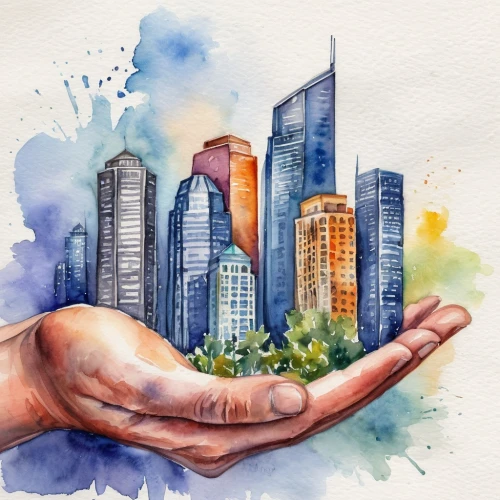 watercolor hands,watercolor background,watercolor painting,hand digital painting,watercolor,watercolor paint,property exhibition,hand painting,hand drawing,watercolor sketch,drawing of hand,sustainable development,tall buildings,helping hands,watercolors,watercolor pencils,establishing a business,water color,city skyline,the integration of social,Illustration,Paper based,Paper Based 24