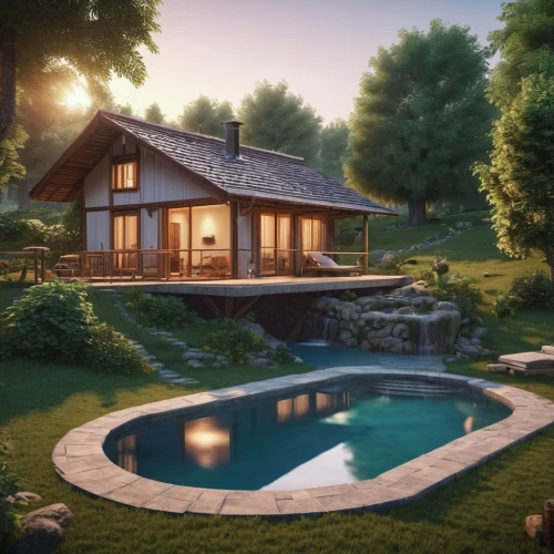 summer cottage,pool house,3d rendering,small cabin,mid century house,the cabin in the mountains,idyllic,cottage,home landscape,beautiful home,holiday villa,3d render,summer house,new england style house,modern house,house with lake,render,house by the water,inverted cottage,chalet,Photography,General,Realistic