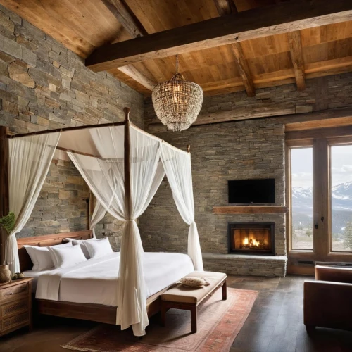 wooden beams,fire place,four-poster,rustic,fireplaces,the cabin in the mountains,fireplace,boutique hotel,luxury home interior,log home,great room,canopy bed,sleeping room,luxury hotel,alpine style,warm and cozy,chalet,tuscan,luxury bathroom,four poster