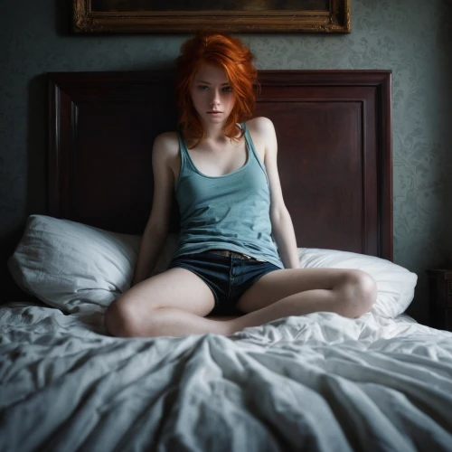 woman on bed,girl in bed,depressed woman,redhead doll,red-haired,girl in t-shirt,young woman,portrait of a girl,girl in a long,redhair,woman laying down,redheaded,clary,girl portrait,moody portrait,woman portrait,girl in cloth,girl sitting,redheads,worried girl,Conceptual Art,Fantasy,Fantasy 11