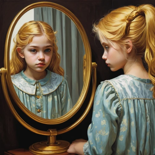 doll looking in mirror,the mirror,mirror image,magic mirror,mirror reflection,self-reflection,mirror,in the mirror,portrait of a girl,makeup mirror,mirror frame,mirrors,mystical portrait of a girl,outside mirror,child portrait,mirror in the meadow,mirrored,looking glass,mirror of souls,emile vernon,Conceptual Art,Daily,Daily 02