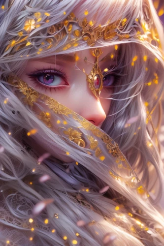 golden eyes,a200,fantasy portrait,elven,fallen petals,veil,ephedra,gold eyes,radiance,filigree,masquerade,mystical portrait of a girl,blanche,angel's tears,sorceress,golden wreath,gold filigree,luminous,golden crown,fae