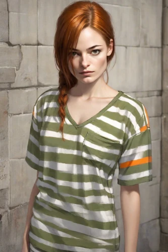 girl in t-shirt,in a shirt,clary,tshirt,horizontal stripes,shirt,striped background,tee,polo shirt,isolated t-shirt,redheads,cotton top,long-sleeved t-shirt,redheaded,lara,torn shirt,lori,portrait background,women's clothing,women clothes,Digital Art,Character Design