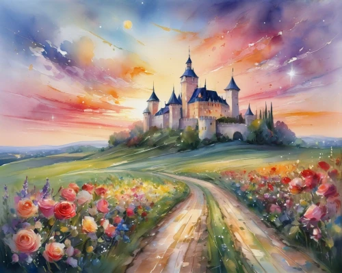 fairy tale castle,fairytale castle,watercolor background,fairy tale,fairytale,disney castle,fantasy world,fantasy landscape,shanghai disney,fantasy picture,children's fairy tale,fairy tale castle sigmaringen,church painting,a fairy tale,fairy world,disney rose,sleeping beauty castle,tulip field,flower painting,cinderella's castle,Illustration,Paper based,Paper Based 11