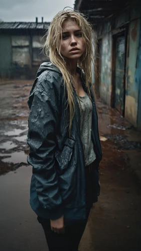 grunge,slum,blonde woman,in the rain,blonde girl,post apocalyptic,jean jacket,portrait photography,the blonde in the river,weather-beaten,denim jacket,depressed woman,moody portrait,urbex,girl in overalls,overcast,stormy,homeless,portrait photographers,walking in the rain