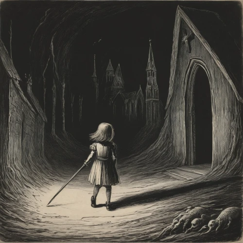 the pied piper of hamelin,children's fairy tale,pall-bearer,hollow way,pilgrimage,fairy tale,a fairy tale,fairy tales,stroll,the threshold of the house,the little girl,vintage illustration,dungeons,hamelin,threshold,girl walking away,wander,witch house,crypt,knight village,Illustration,Black and White,Black and White 23