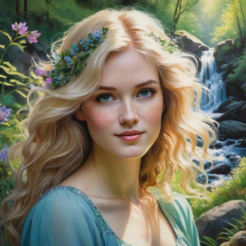 celtic woman,fantasy portrait,jessamine,elsa,faery,faerie,emile vernon,fairy queen,romantic portrait,beautiful girl with flowers,fantasy art,mystical portrait of a girl,fantasy picture,elven flower,fae,girl in flowers,celtic queen,rosa 'the fairy,fairy tale character,enchanting,Illustration,Realistic Fantasy,Realistic Fantasy 30