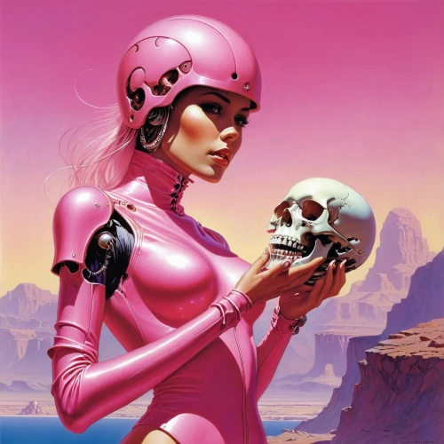 scull,pink lady,sci fiction illustration,skull bones,pink dawn,skull allover,cybernetics,skull racing,pink leather,pink october,crystal ball,magneto-optical disk,fantasy woman,poison,metal implants,femicide,october pink,head woman,science fiction,valerian,Conceptual Art,Sci-Fi,Sci-Fi 19