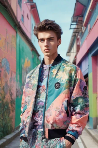 bolero jacket,jacket,windbreaker,beatenberg,clover jackets,george russell,tie dye,man in pink,camo,flamingo pattern,colorful floral,80s,murano,young model istanbul,colourful,pastels,colorful,tropics,bomber,floral background,Photography,Realistic