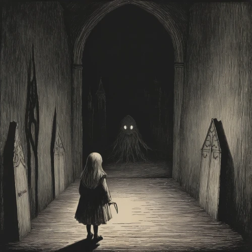 girl walking away,dark art,the little girl,hollow way,dark world,ghost girl,dark park,haunting,passage,dark gothic mood,the threshold of the house,haunt,haunted,apparition,lonely child,little girls walking,threshold,creepy doorway,children's fairy tale,stroll,Illustration,Black and White,Black and White 23