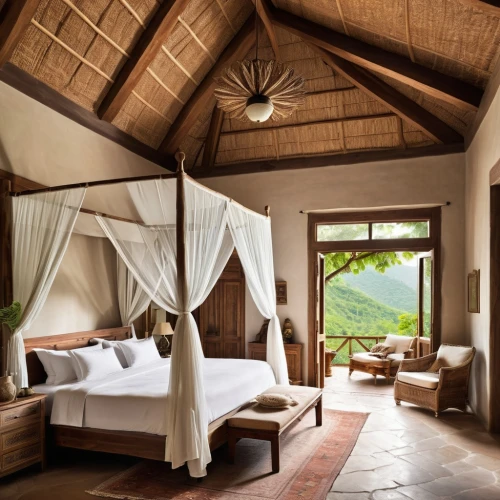 canopy bed,sleeping room,seychelles,boutique hotel,over water bungalows,tree house hotel,ubud,wooden beams,cabana,four-poster,great room,thatch umbrellas,four poster,eco hotel,guest room,wooden roof,chalet,luxury hotel,thatched roof,holiday villa,Photography,General,Realistic