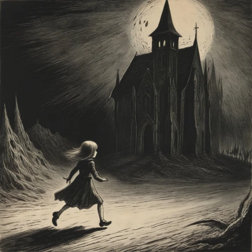 witch house,haunted cathedral,dark gothic mood,ghost castle,haunt,halloween illustration,children's fairy tale,witch's house,haunted castle,gothic,the pied piper of hamelin,little girl in wind,the little girl,haunted,dark art,vintage halloween,little girl running,the haunted house,gothic style,girl walking away,Illustration,Black and White,Black and White 23