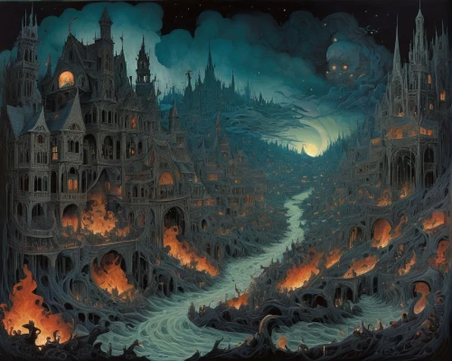 the conflagration,conflagration,scorched earth,city in flames,maelstrom,walpurgis night,burning earth,northrend,devilwood,fire land,end-of-admoria,hall of the fallen,heroic fantasy,hamelin,burned land,cd cover,lake of fire,castle of the corvin,fantasy art,destroyed city,Illustration,Realistic Fantasy,Realistic Fantasy 05