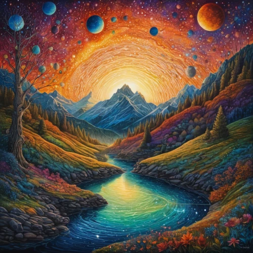 valley of the moon,pachamama,oil painting on canvas,lunar landscape,space art,fantasy landscape,mountain sunrise,oil on canvas,colored pencil background,moon valley,himalaya,phase of the moon,mountain landscape,volcanic landscape,oasis,alien world,northen lights,the landscape of the mountains,alien planet,painting technique,Photography,General,Fantasy