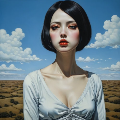 woman with ice-cream,surrealism,surrealistic,han thom,woman thinking,susanne pleshette,young woman,girl in a long,la violetta,woman face,girl on the dune,girl with bread-and-butter,portrait of a girl,cigarette girl,janome chow,woman's face,pierrot,girl with cereal bowl,fantasy portrait,mystical portrait of a girl,Illustration,Realistic Fantasy,Realistic Fantasy 07