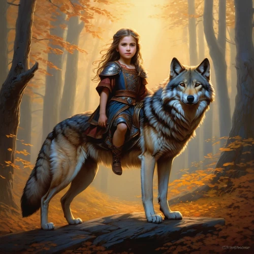 girl with dog,fantasy picture,two wolves,fantasy art,fantasy portrait,companion dog,heroic fantasy,boy and dog,wolf couple,howling wolf,little red riding hood,little boy and girl,lone warrior,mystical portrait of a girl,red riding hood,wolves,wolf hunting,european wolf,bohemian shepherd,female warrior,Conceptual Art,Fantasy,Fantasy 28