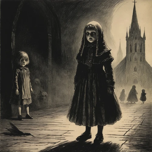 the little girl,gothic portrait,ghost girl,child girl,little girl and mother,dark gothic mood,gothic,girl walking away,haunted cathedral,gothic woman,little girls walking,child,haunting,little boy and girl,lonely child,little girl,dark art,orphans,the girl in nightie,child monster,Illustration,Black and White,Black and White 23