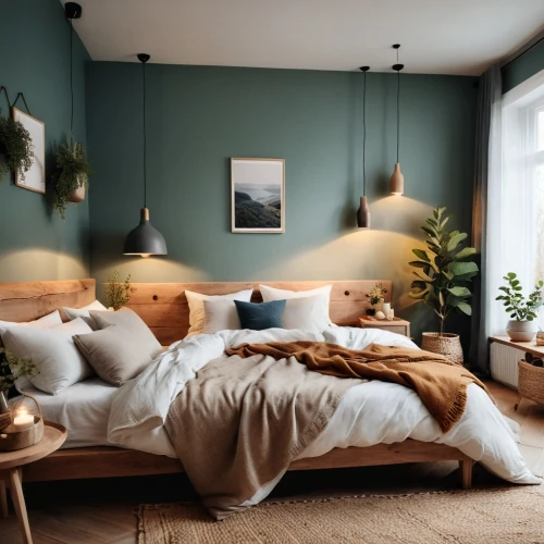 bedroom,scandinavian style,blue pillow,danish furniture,modern decor,morning light,guest room,danish room,soft furniture,modern room,interior design,guestroom,the living room of a photographer,neutral color,green living,interiors,bed frame,trend color,contemporary decor,gold wall,Photography,General,Cinematic