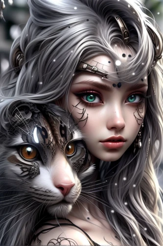 silver tabby,fantasy art,feline look,felines,cat's eyes,breed cat,cat with blue eyes,cat lovers,feline,two cats,siberian cat,tabby cat,cat eyes,golden eyes,fantasy picture,faery,cat eye,blue eyes cat,nebelung,fantasy portrait