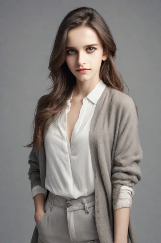 grey background,portrait background,blur office background,menswear for women,women's clothing,cardigan,bolero jacket,women clothes,businesswoman,business woman,pantsuit,social,woman in menswear,female model,young woman,fizzy,attractive woman,polo shirt,daisy jazz isobel ridley,sprint woman,Photography,Realistic