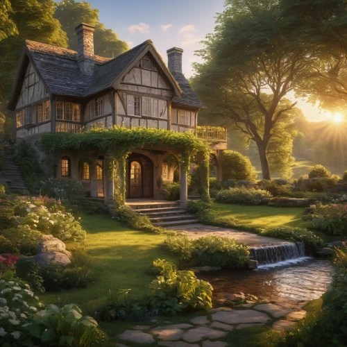 hobbiton,summer cottage,home landscape,country cottage,house in the forest,ancient house,cottage,beautiful home,witch's house,dandelion hall,cottage garden,country house,little house,country estate,traditional house,fantasy landscape,fantasy picture,idyllic,lonely house,private house,Photography,General,Natural