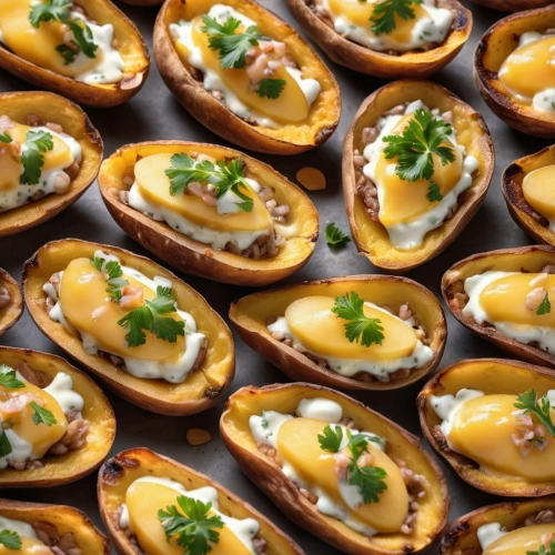 baked potatoes,muffin tin,hors' d'oeuvres,lyonnaise potatoes,potatoes with pumpkin,oven-baked cheese,canapes,canapé,bread eggs,hollandaise sauce,stuffed mushrooms,roasted potatoes,jacket potatoes,deviled eggs,fried egg plant,hors d'oeuvre,cream cheese tarts,quail eggs,acorn squash,patatas bravas,Photography,General,Realistic