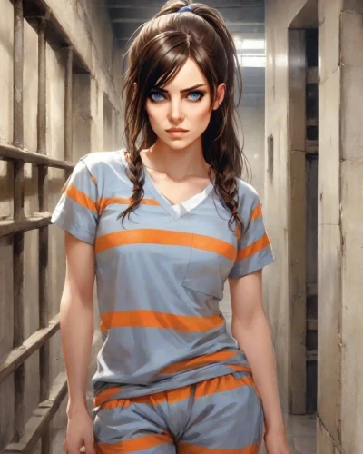 prisoner,detention,prison,tied up,chainlink,croft,lori,handcuffed,bodypaint,bad girl,horizontal stripes,criminal,arbitrary confinement,lara,chain link,isolated t-shirt,olallieberry,photoshop manipulation,in custody,striped background,Digital Art,Comic