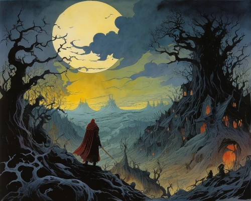 halloween background,halloween illustration,witch's house,red riding hood,halloween poster,devilwood,halloween scene,witch house,fantasy picture,blood moon,helloween,little red riding hood,black forest,blood moon eclipse,halloween and horror,hollow way,dracula,fantasy art,druid grove,celebration of witches,Illustration,Realistic Fantasy,Realistic Fantasy 04