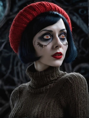 harley quinn,mime artist,mime,harley,vampire woman,beanie,goth woman,cruella de ville,voodoo woman,cruella,pierrot,catrina calavera,clementine,killer doll,vampire lady,mystique,makeup artist,photoshop manipulation,bodypainting,doll's facial features,Illustration,Realistic Fantasy,Realistic Fantasy 47