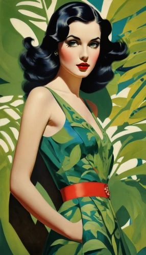 background ivy,art deco woman,jane russell-female,poison ivy,retro pin up girl,art deco background,pinup girl,moringa,retro women,pin-up girl,flora,pin up girl,retro woman,ivy,vintage illustration,tropic,dita,pin ups,tropical greens,retro pin up girls,Photography,General,Fantasy