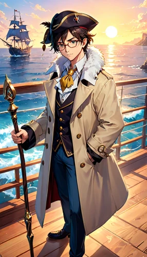 admiral von tromp,pirate,naval officer,galleon,ship doctor,seafarer,napoleon bonaparte,brown sailor,glasses penguin,euphonium,delta sailor,east indiaman,stylish boy,at sea,caravel,nautical star,version john the fisherman,wiz,seafaring,pirate treasure,Anime,Anime,Realistic