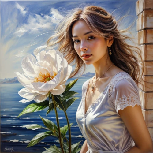 romantic portrait,flower painting,oil painting,art painting,photo painting,oil painting on canvas,splendor of flowers,italian painter,girl in flowers,fantasy art,world digital painting,white blossom,beautiful girl with flowers,fantasy portrait,landscape background,flower art,mystical portrait of a girl,windflower,flower in sunset,white flower