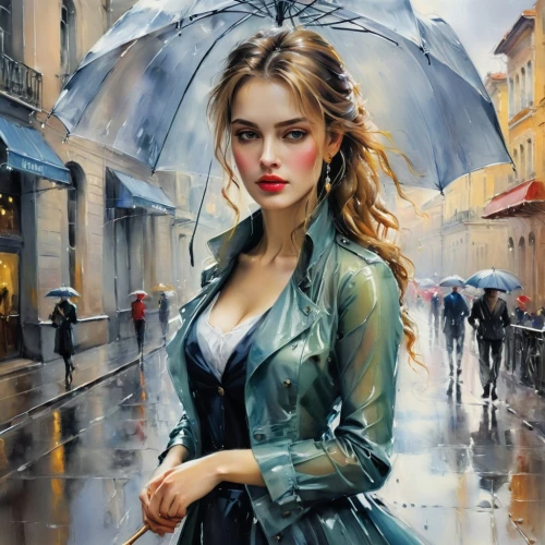 walking in the rain,in the rain,umbrella,oil painting on canvas,oil painting,raincoat,light rain,art painting,man with umbrella,romantic portrait,umbrellas,italian painter,rainy day,rain,raining,woman walking,girl walking away,young woman,rainy,rains,Illustration,Paper based,Paper Based 11